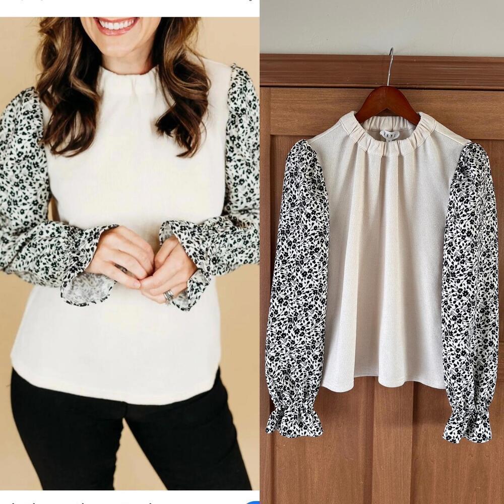 THML Knit Flower Puff Sleeve Top Blouse in Cream/Black Women’s size Small
